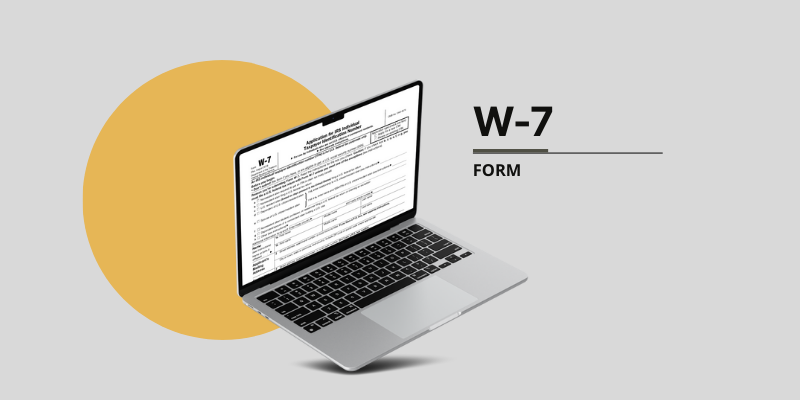 A blank W-7 fillable form in PDF on the laptop